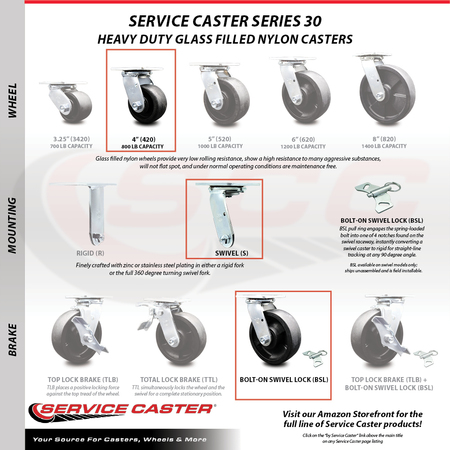 Service Caster 4 Inch SS Glass Filled Nylon Caster Set with Roll Bearings 2 Swivel Lock 2 Brake SCC-SS30S420-GFNR-BSL-2-TLB-2